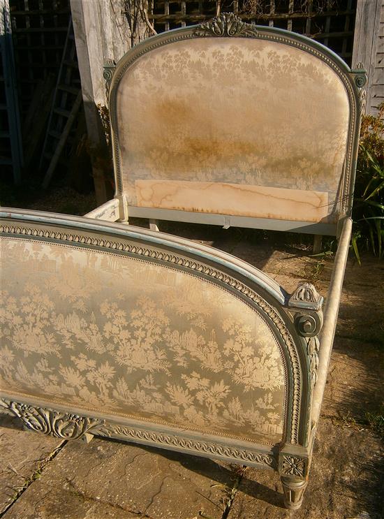 An early 20th century French painted upholstered double bed frame (King size) W.160cm